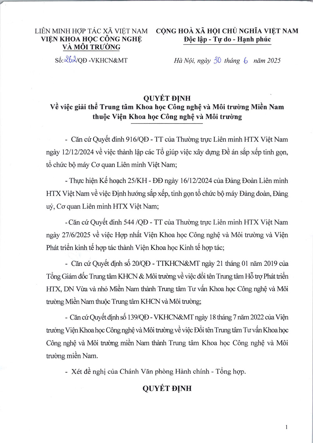 Viện Khoa học Công nghệ và Môi trường thông báo giải thể Trung tâm Khoa học Công nghệ và Môi trường Miền Nam